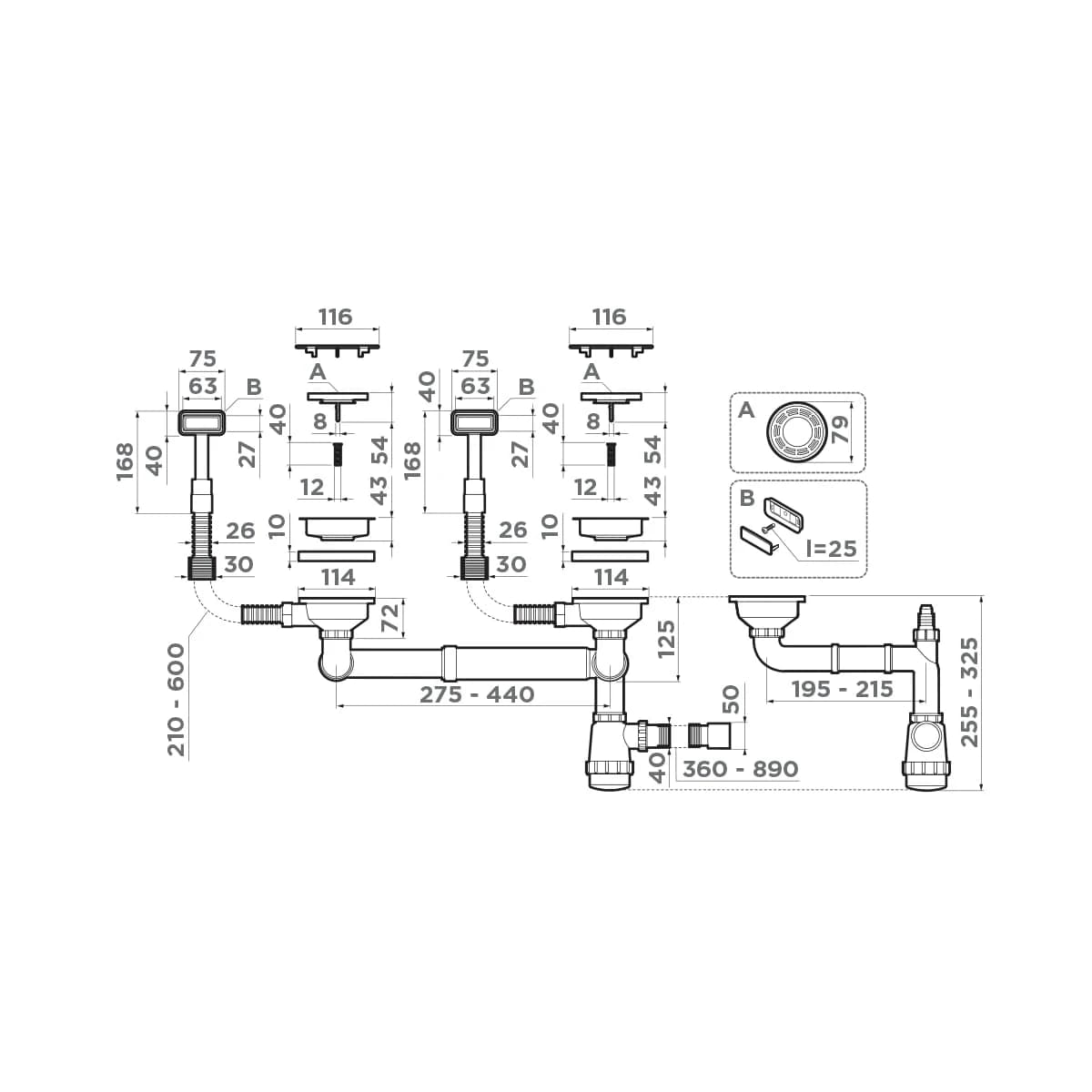 Арматура для двухчашевых моек OMOIKIRI Нержавеющая сталь WK-2C-IN