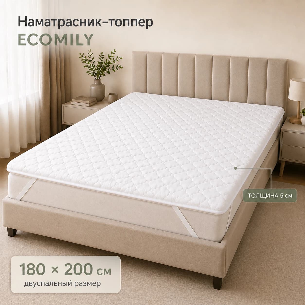 Наматрасник-топпер двуспальный 1800х2000х50 мм ECOMILY Белый эко147