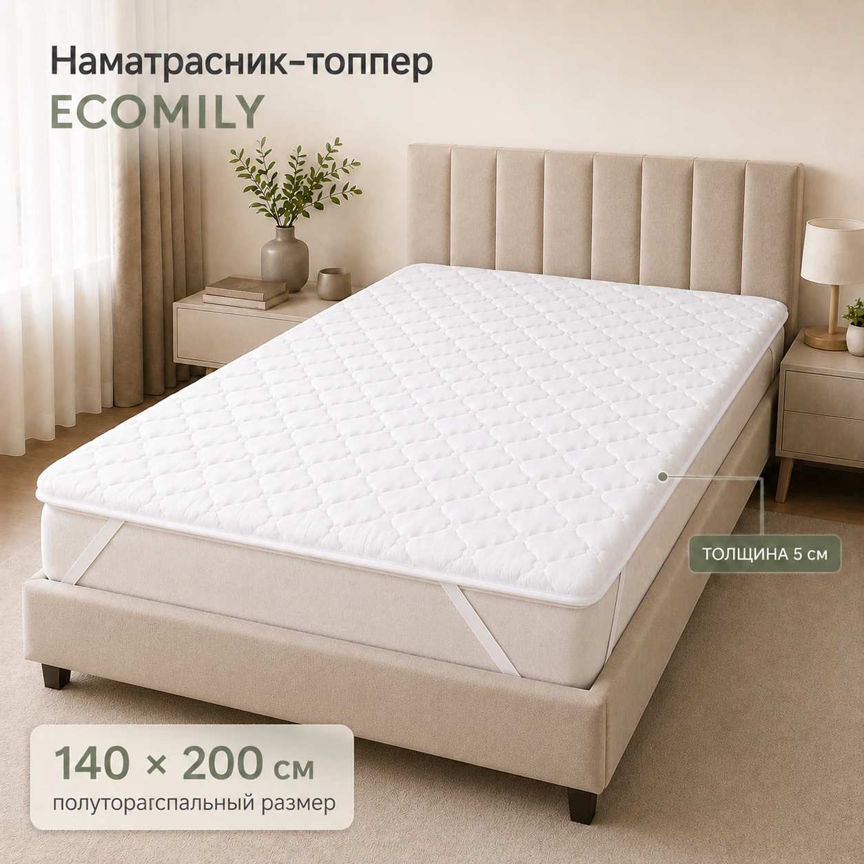 Наматрасник-топпер полутораспальный 1400х2000х50 мм ECOMILY Белый эко141